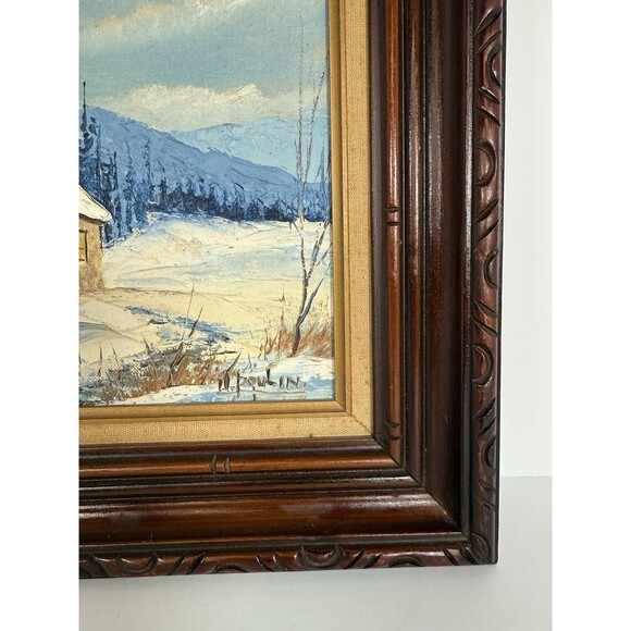 Winter Cottage Landscape‎ Scene Oil Painting In Wood Frame MCM VTG Cozy Cottage - Picture 5 of 11